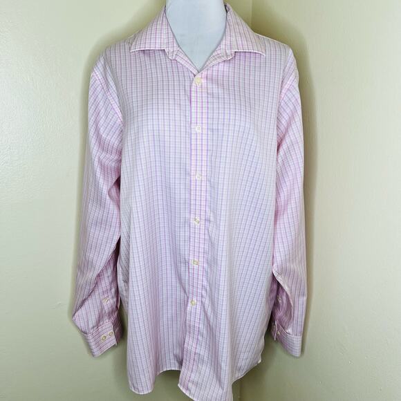 M Michael Kors Button Up Dress Shirt 16.5 Large Mens Pink Check Long Sleeve Work - Picture 1 of 9